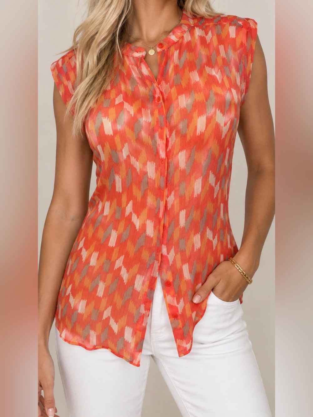 Lucky Brand Orange Ikat Print Sleeveless Button Front Blouse Size Small NWOT